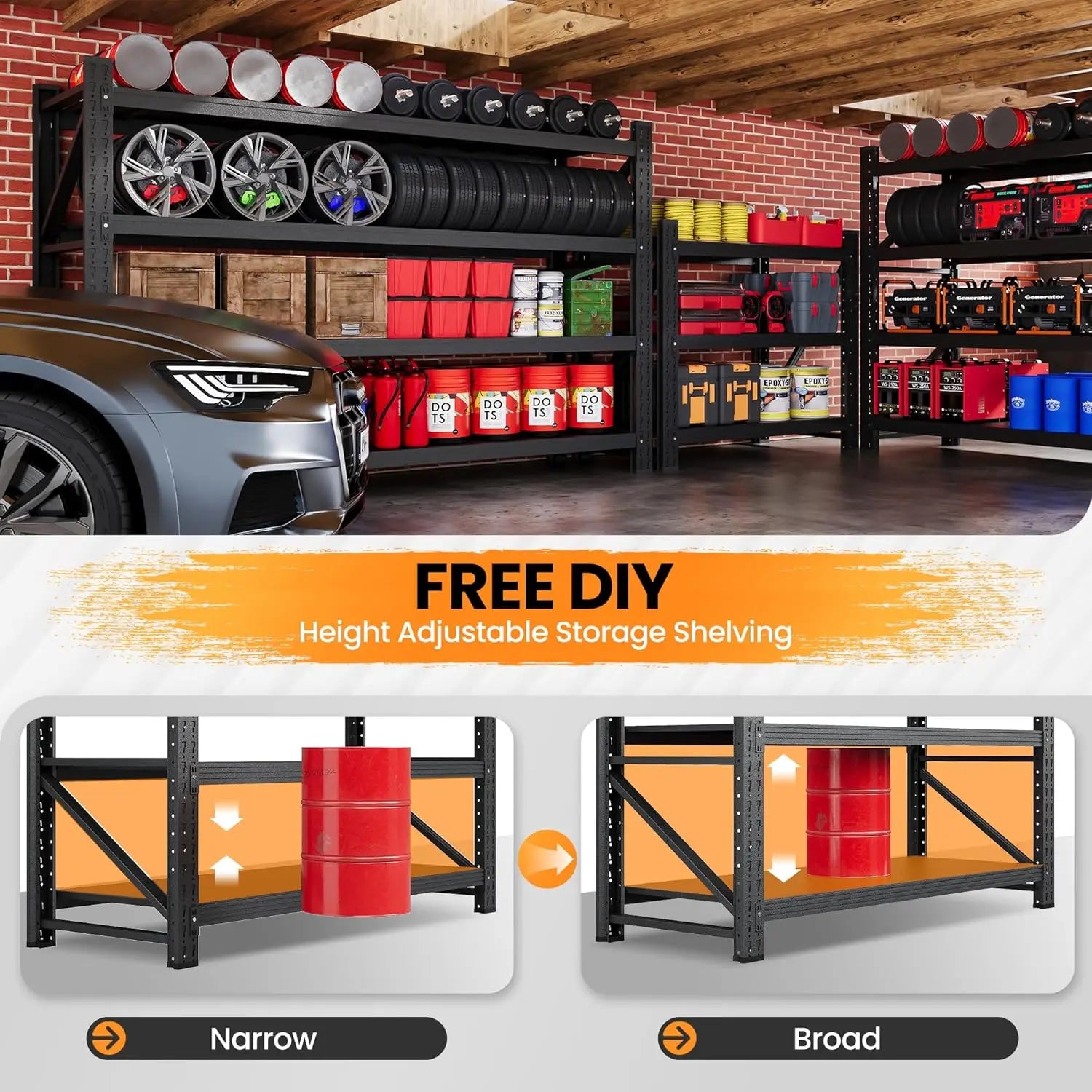 71”W Garage Shelving Units, 5000LBS Storage Shelves Heavy Duty, 24" Deep Metal Shelving Rack, 4 Tier Large Tall, Customized