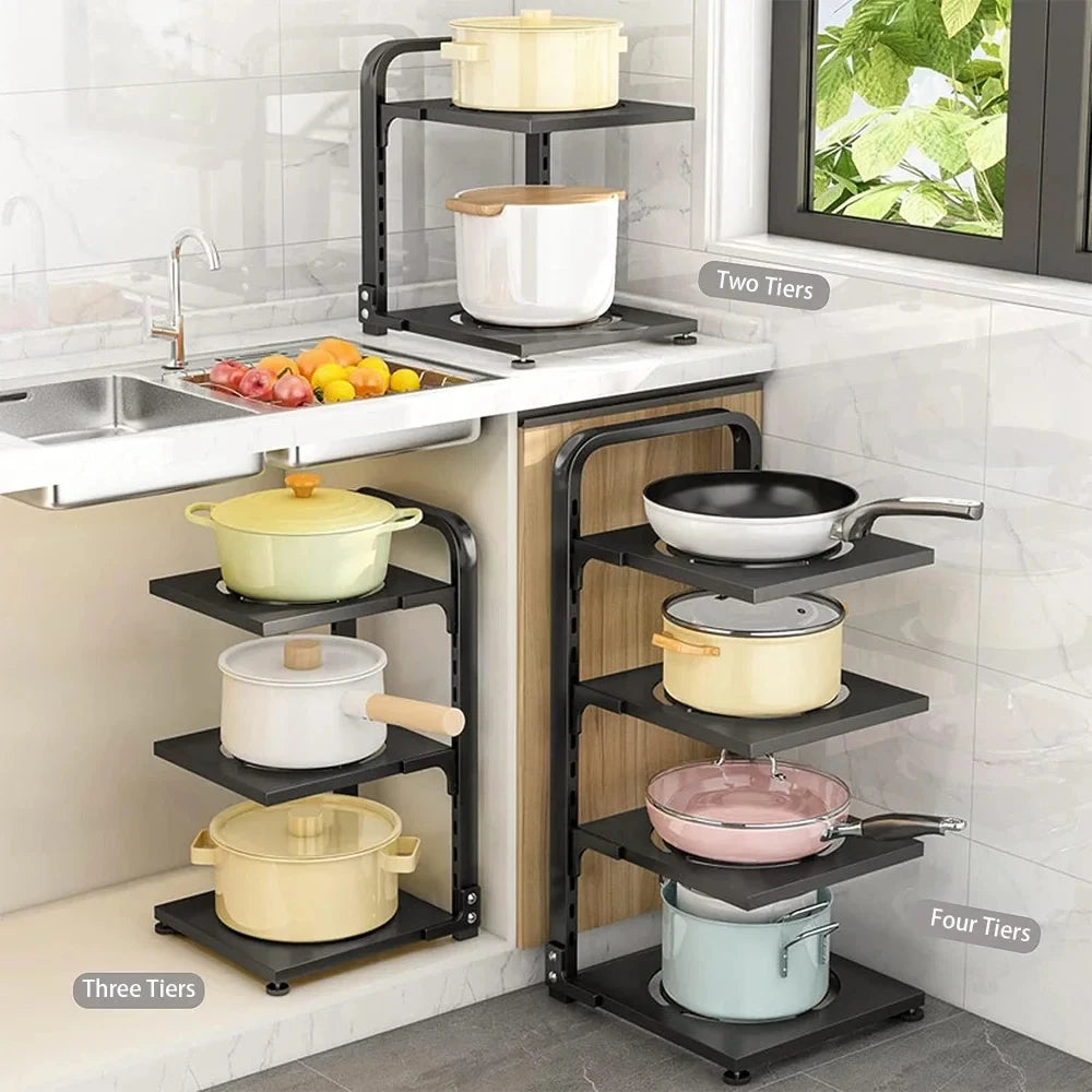 Sink Layered Pot Rack Free Layering Kitchen Pans Organizer Rustproof Snap-On Stainless Adjustable Pot Storage Rack Under Cabinet
