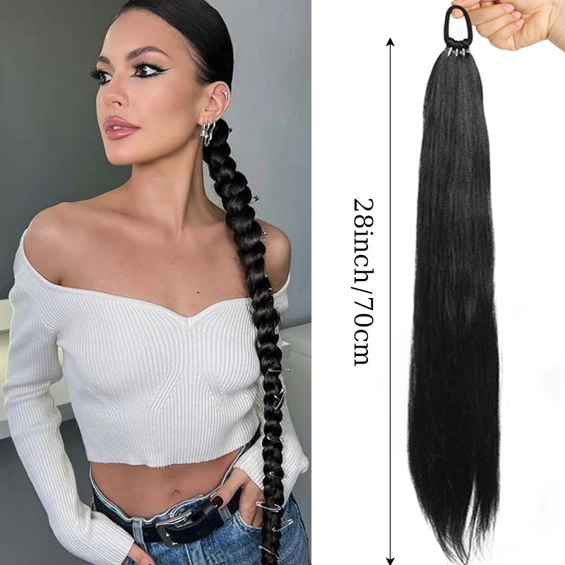 Synthetic Long Hair Ponytail Extensions Wig for Braiding 28inches Straight Ponytail Hairpiece with Hair Tie for Women Daily Use