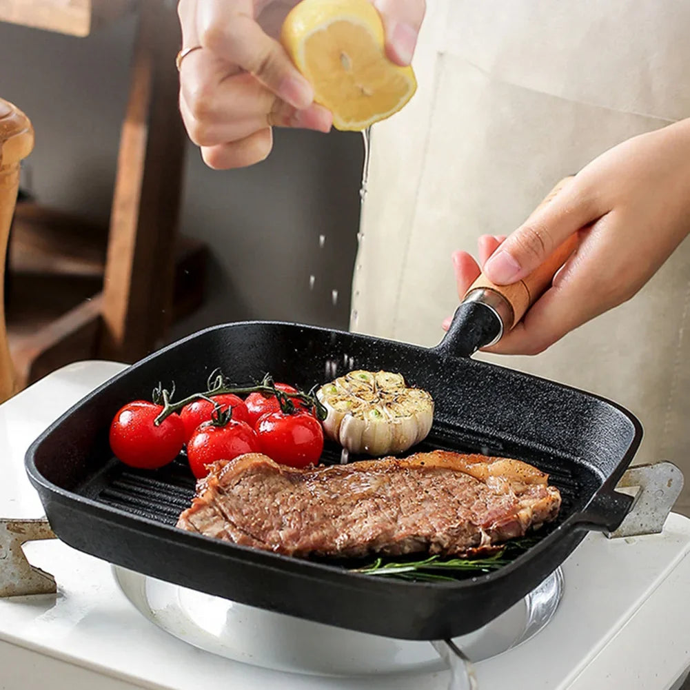 Cast Iron Grill Pan Non-Stick Square Skillet with Drip Spout with Wooden Handle for Indoor & Outdoor Grilling
