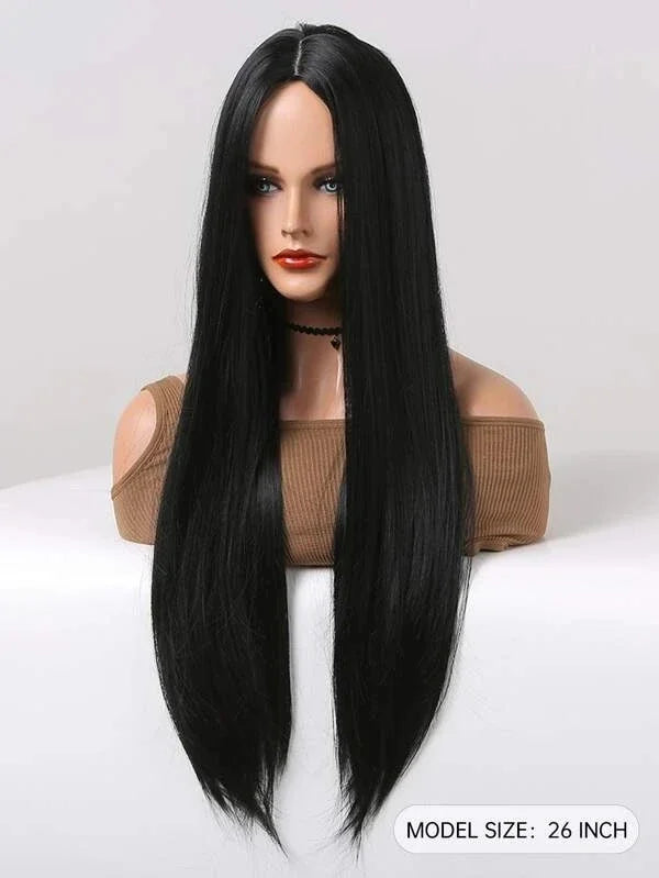 Black Long Straight Synthetic Wig for Women Middle Part Hairline Natural Looking Daily Party Wear Full Wig 26 Inches Daily Party