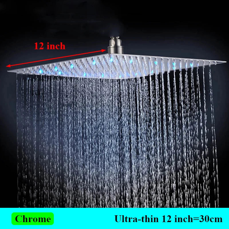 SHBSHAIMY Black Shower Head LED Light Large Rainfall Chrome Rainfall Faucet Bathroom Tap Stainless Steel Square Sprayer Tap