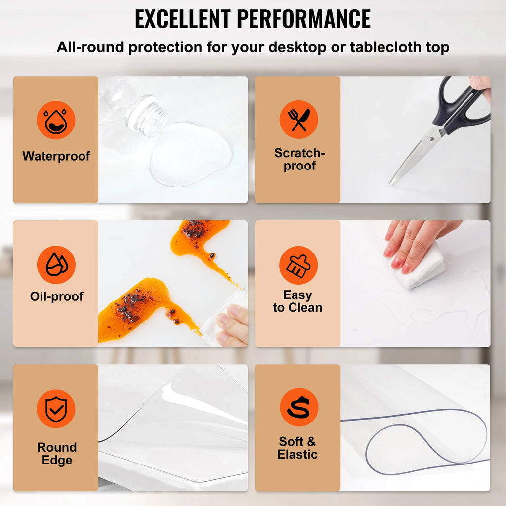 SucceBuy Multi-size 1.5/2mm Tablecloth Protector Table Cover Mat PVC Soft Waterproof Clear Water Resistant Easy Clean