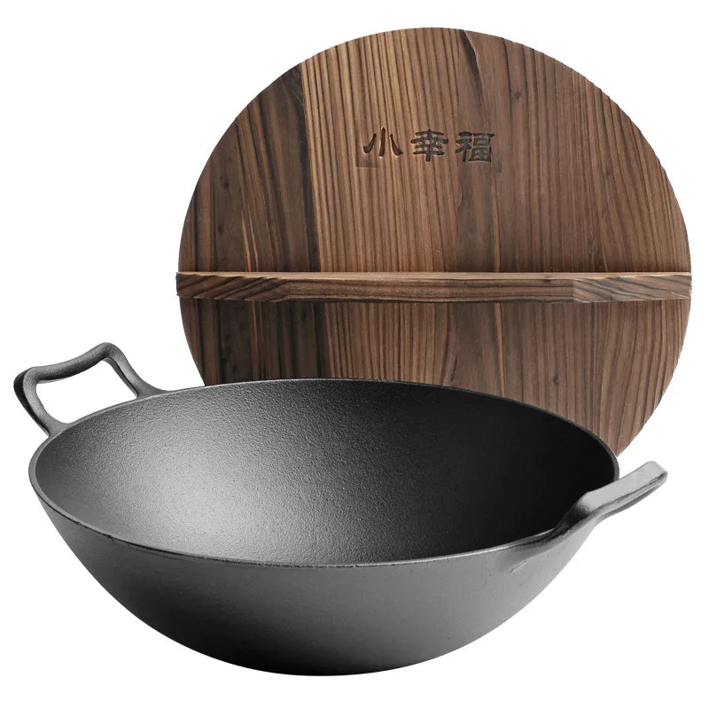 Traditional Thickened Double Ear Cast Iron Pot with Old-style round Bottom Large Household Non-coated Non-stick Raw Iron Pan