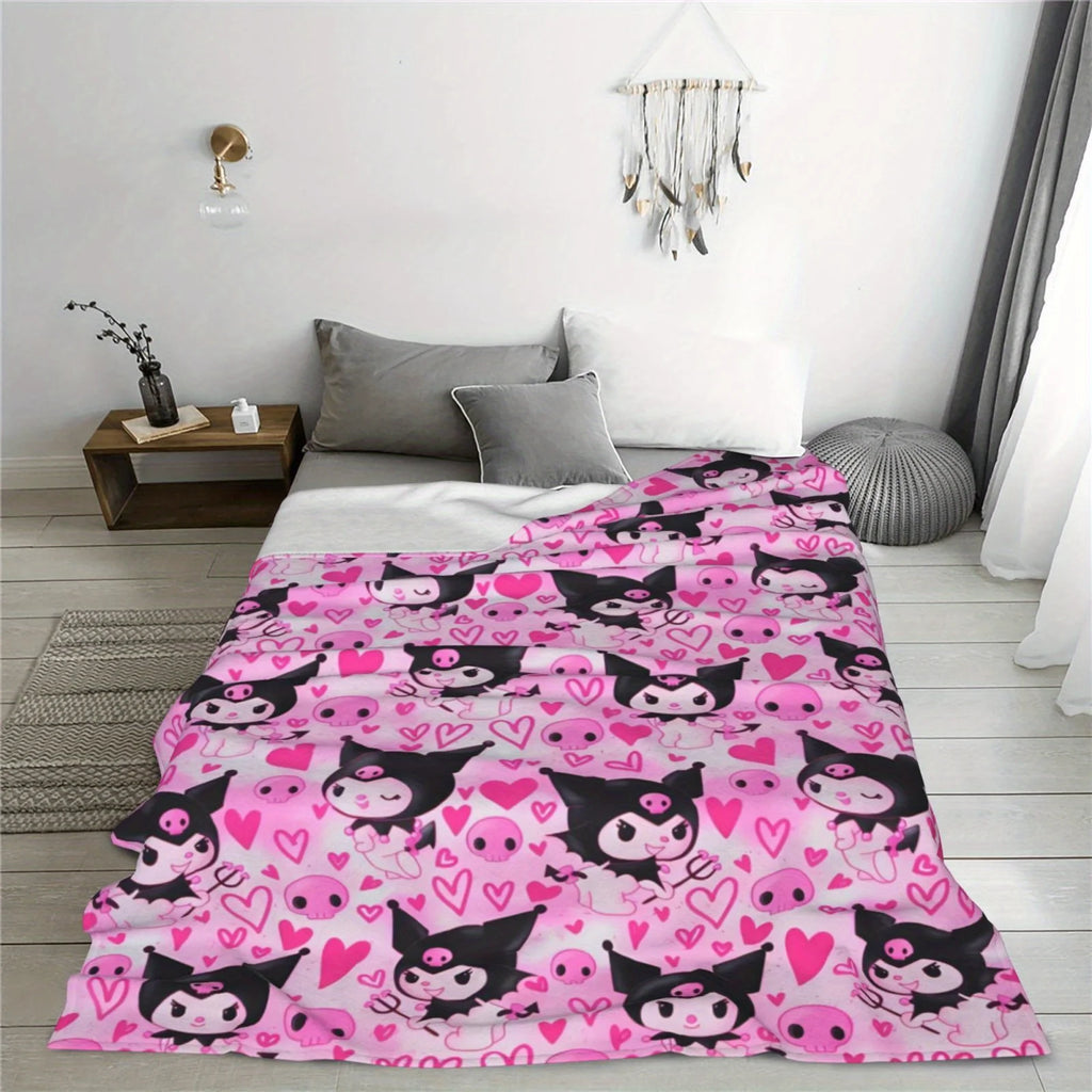 Kuromi Pink Skull Throw Blanket Single Sided Print Flannel Blanket Bedroom Living Room Couch Decor Cute Edgy Vibe Accessory Gift