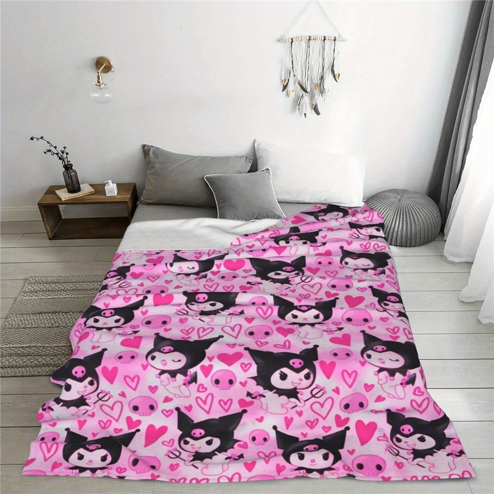 Kuromi Pink Skull Throw Blanket Single Sided Print Flannel Blanket Bedroom Living Room Couch Decor Cute Edgy Vibe Accessory Gift