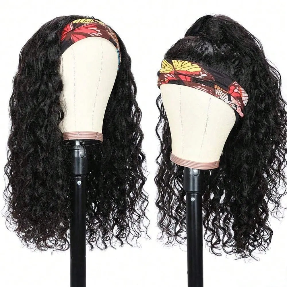 Water Wave 40 Inch Headband Wig Human Hair, Curly Glueless None Lace Front Wigs for Women, 250% Density Natural Looking Hair