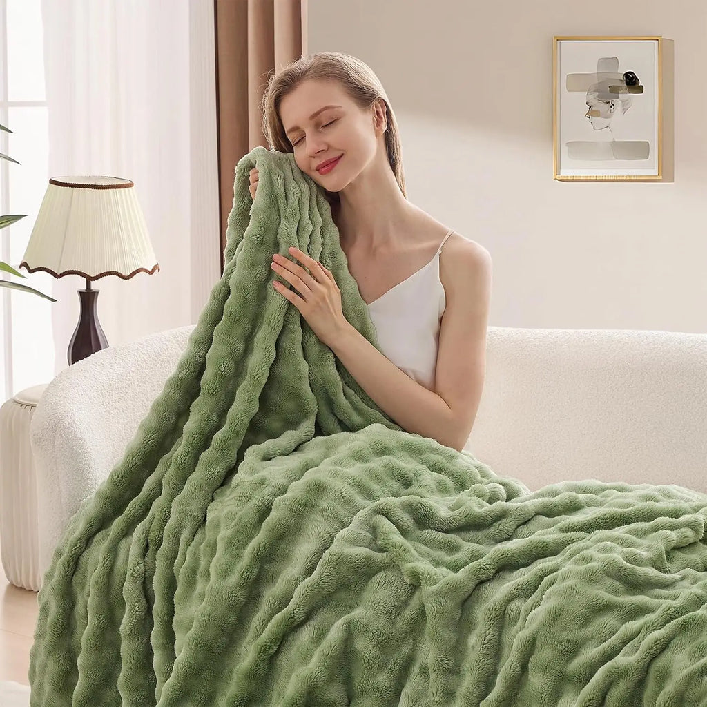Sage Green Bubble Fleece Blanket for Couch, Super Soft Cozy Cute Throw Blanket for Women, Christmas Gift Fuzzy Flannel Blanket