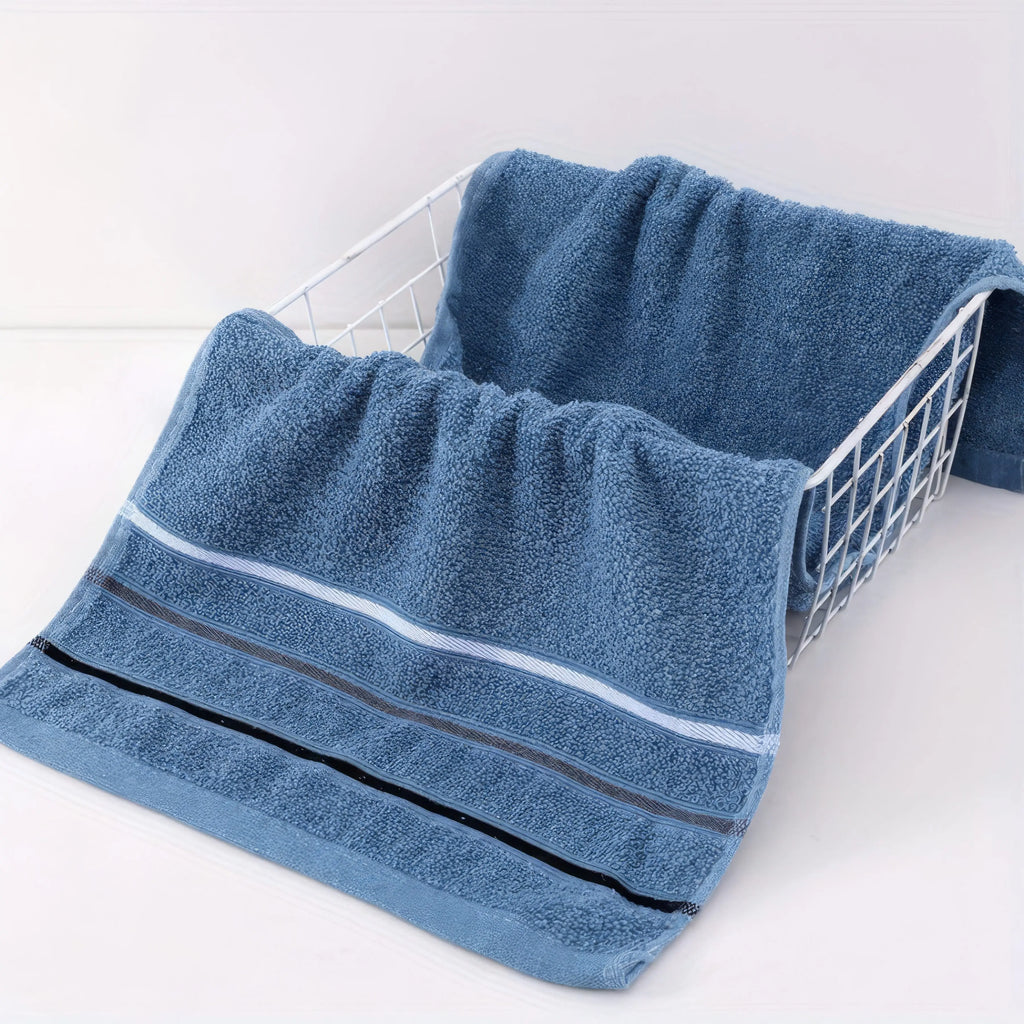 A two-pack of soft, quick-drying blue gym towels featuring a classic three-stripe design for fitness and travel.