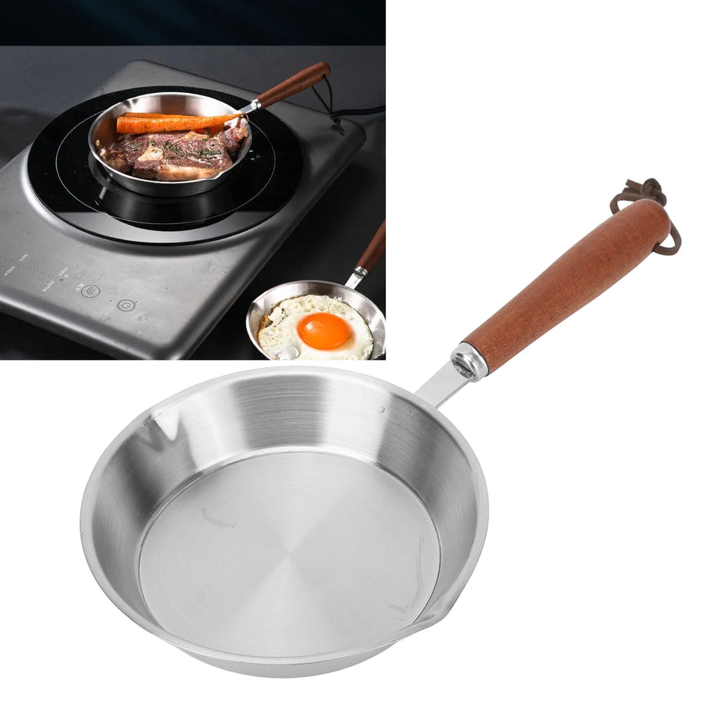 12/16cm Kitchen Frying Pan Stainless Steel Egg Pan Wooden Handle for Household Restaurant Induction Cooker Kitchen Cookware
