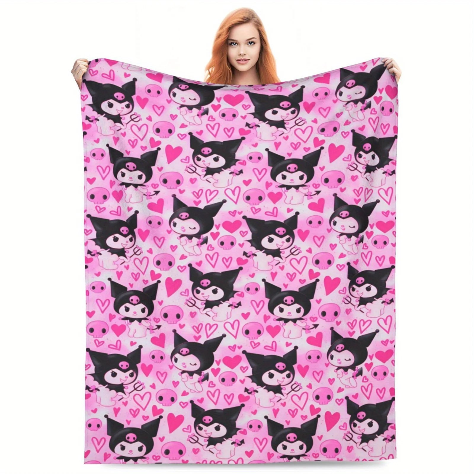 Kuromi Pink Skull Throw Blanket Single Sided Print Flannel Blanket Bedroom Living Room Couch Decor Cute Edgy Vibe Accessory Gift