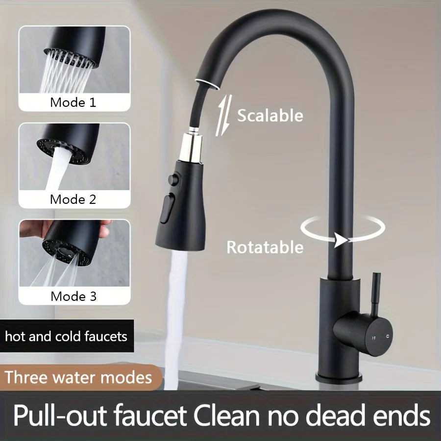1 set of kitchen sink cold and hot pull-out stainless steel faucet with three-speed switch and rotatable water outlet mode