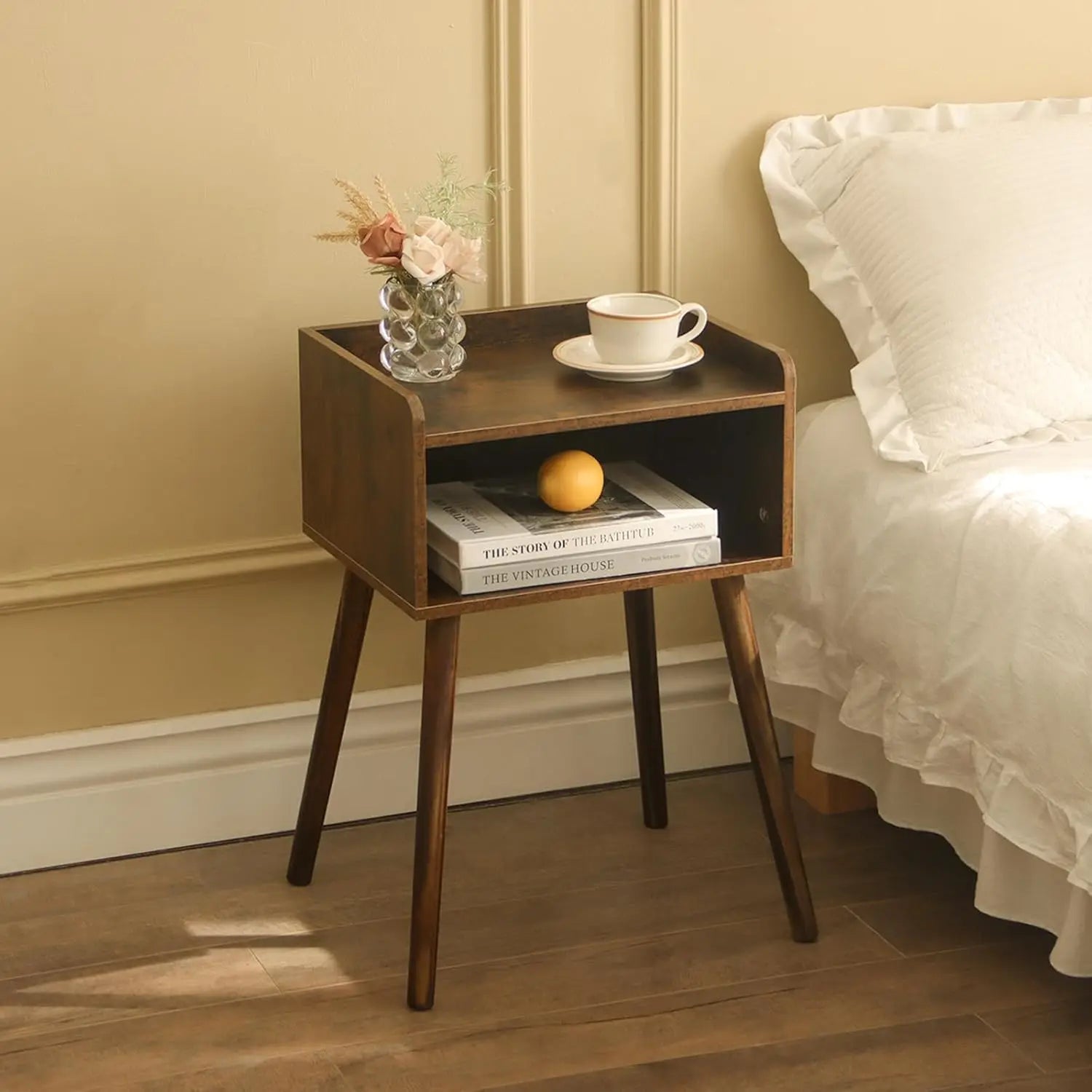 Mid Century Modern Side Table Bedroom with Storage, Small End Bedside Table with Solid Wood Legs for Living Room, Office Small S