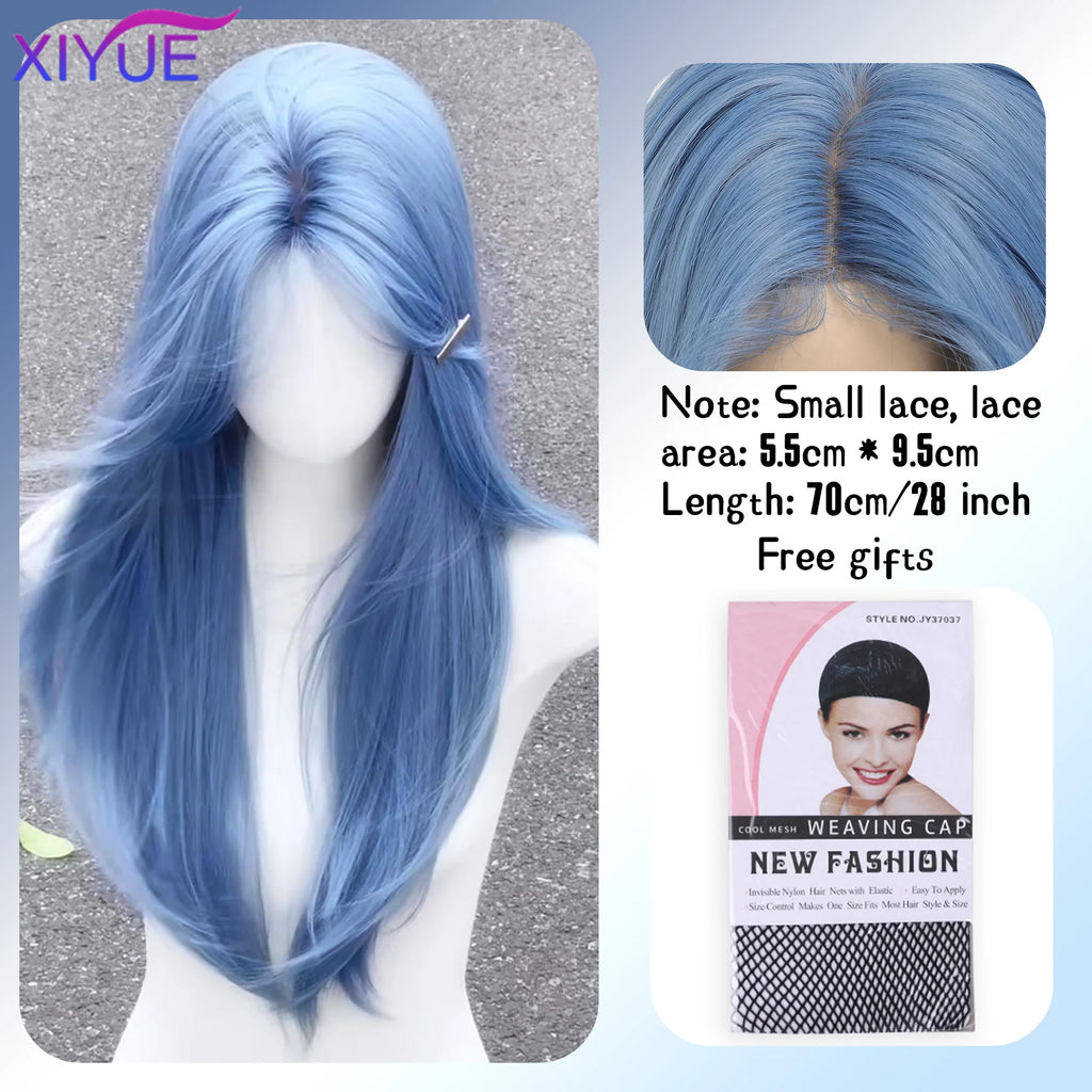 Long Straight Synthetic Wigs Light Blue with Ash Highlight Cosplay Wig with Bangs for Women Natural Hair Heat Resistant Fiber