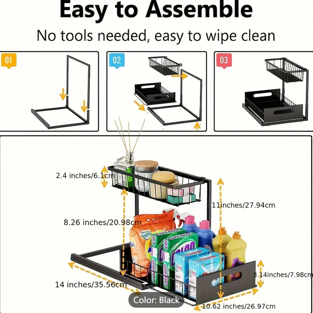 Double-Layer Pull-Qut Kitchen Storage Rack, Non-Slip, Stable, Multi-FunctionalStorage Box with Five Hooks, under Sink Brush