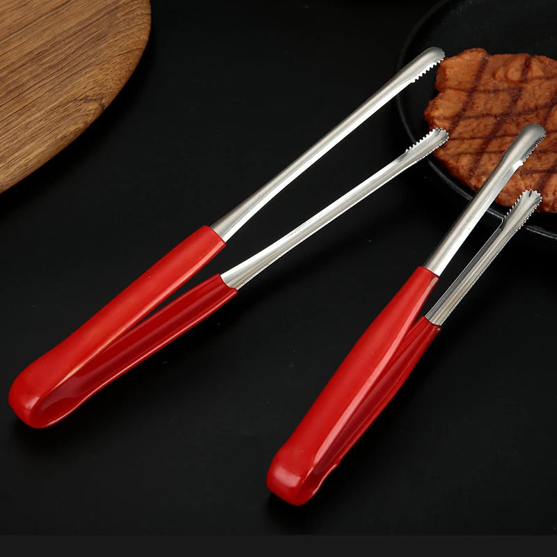 Stainless Steel BBQ Tongs Salad Food meat vegetable red glue Clips Bread Pasta Serving Tongs Non-Stick Kitchen Cooking Tools