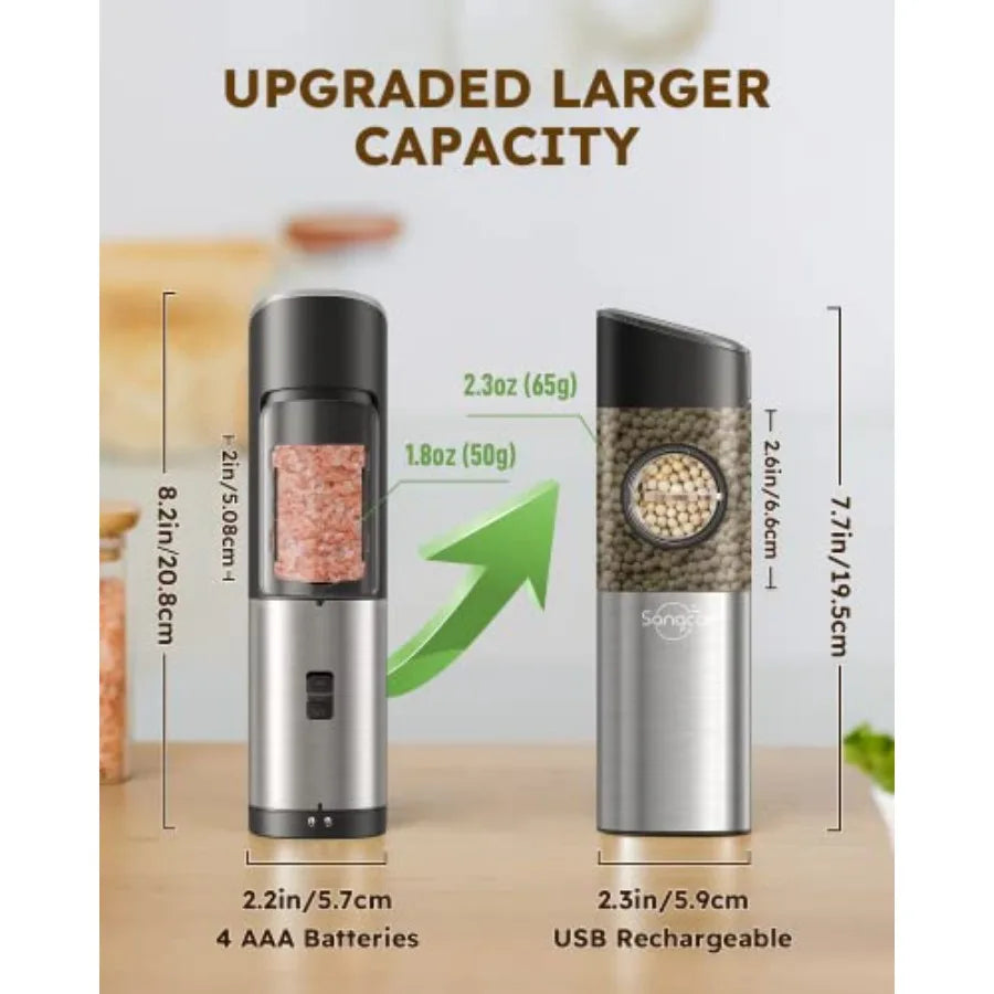 USB Rechargeable Salt and Pepper Grinder Set with Dual Charging Base for Kitchen Countertop - Large Capacity Adjustable Coarsen