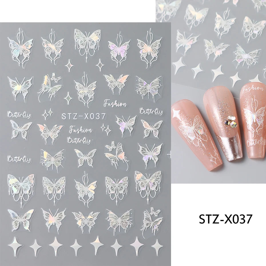 Black White Butterfly Laser Nail Stickers Y2K Nail Art Decoration Abstract Metal Lines Bronzing Lace Flowers Stickers For Nails