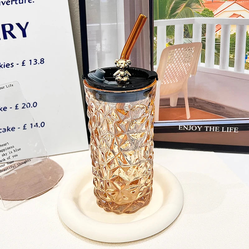 New 2024 Glass Water Cup Women's Coffee Cup With Lid And Straw Portable Home Tea Cup Office European-style Vintage Milk Cup