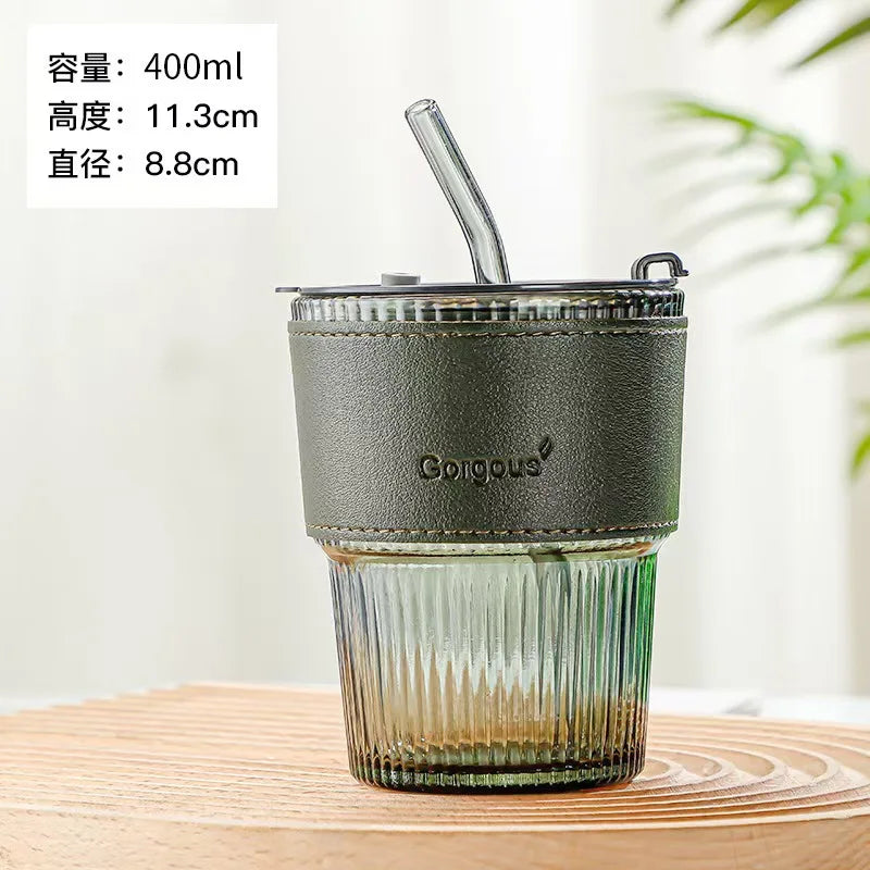 High-value cold drink juice coffee cup with lid and straw, vertical striped glass, large capacity water cup