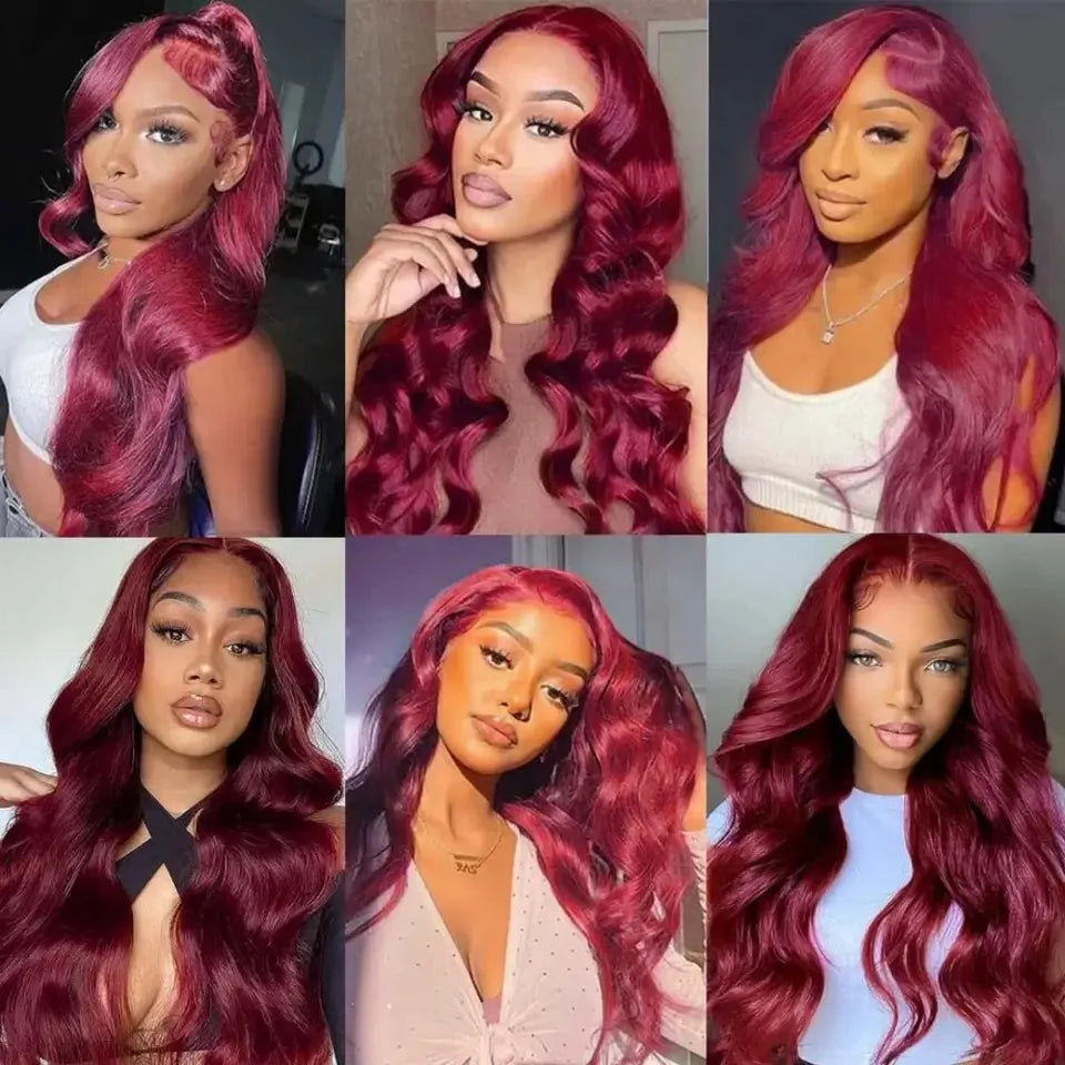99J Red Burgundy Color Loose Wave 13X4 Lace Frontal Synthetic Wig For Women Natural Hairline Baby Hair Preplucked Bleach Knots