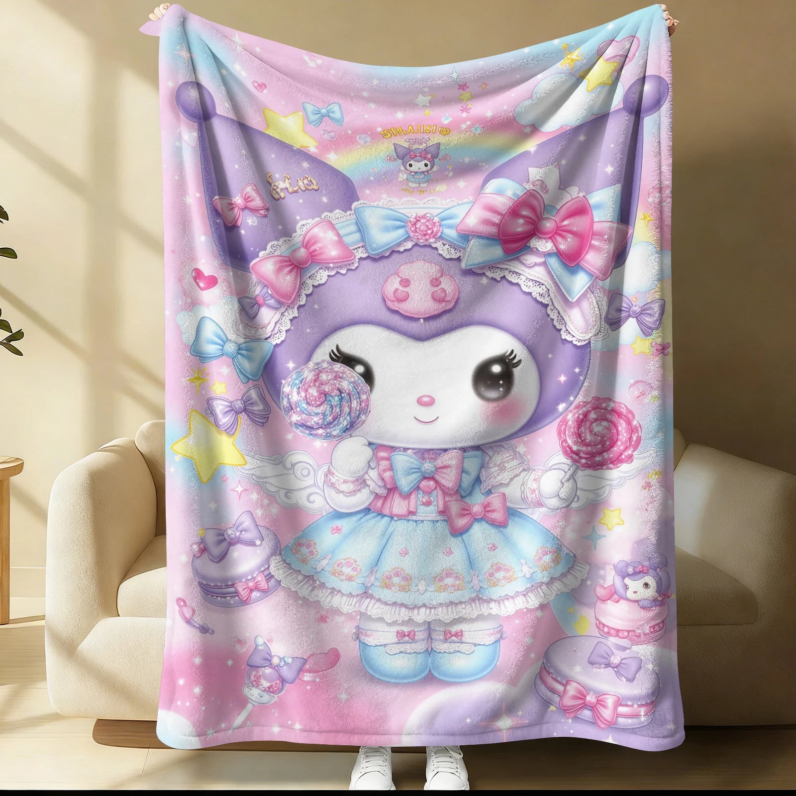 Kuromi Lolita Style Cartoon Blanket Cute Girlish Heart Flannel Throw Blanket Nap Blanket For Home Office Travel All-season Use