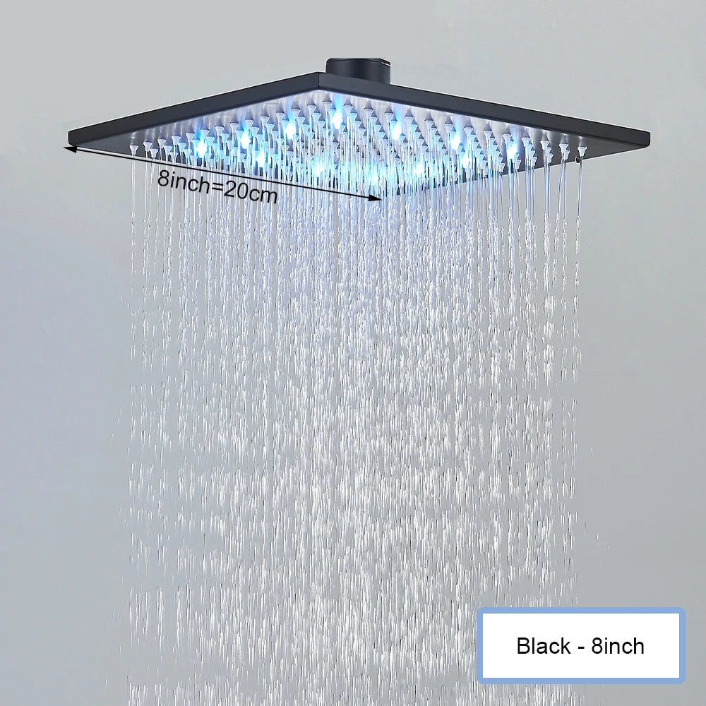 16 inch/40cm Black Rainfall Shower Head LED Light 16" Large Rainfall Faucet Head Square Brass Showerhead 3 Color Changing Head