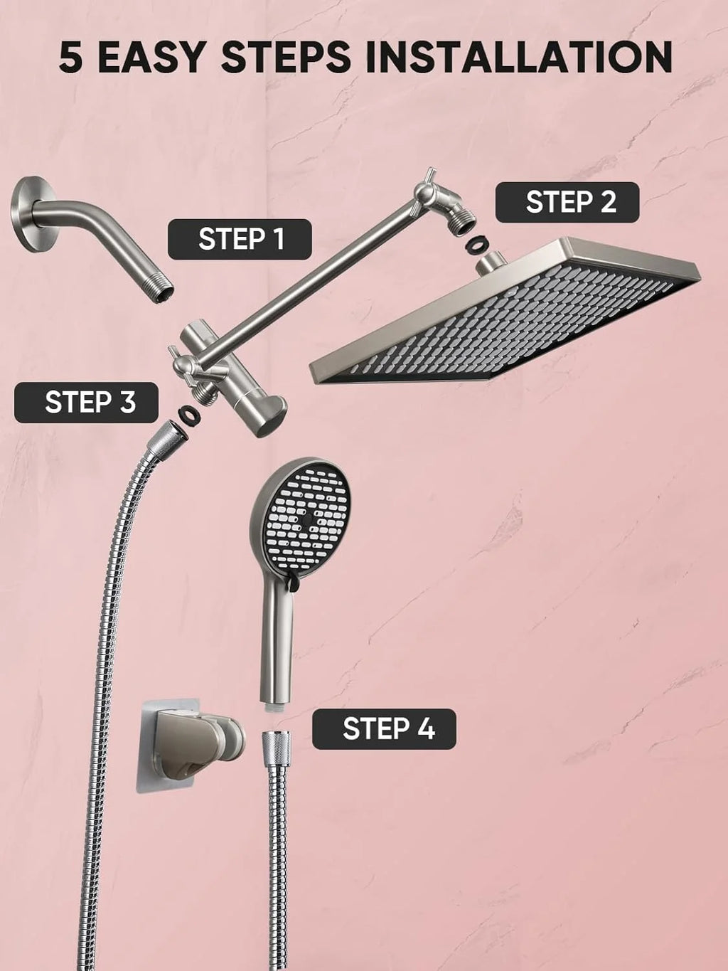 11.8-inch rain shower head, 6-mode handheld spray, high-pressure shower combination, with 11-inch adjustable extension arm, brus