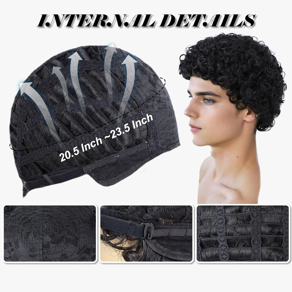 Synthetic Mens Short Afro Curly Wig With Glass for Male 70s 80s Disco Guy Rocker Halloween Cosplay Fancy Daily Party Costume