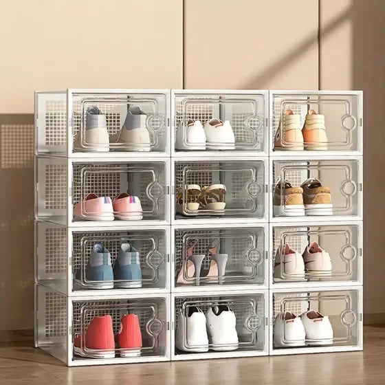 Stackable Shoe Storage Box 6/12 Pack Clear Plastic Stackable Shoe Storage Box | Space Saving Foldable Shoe Organizer for Closet