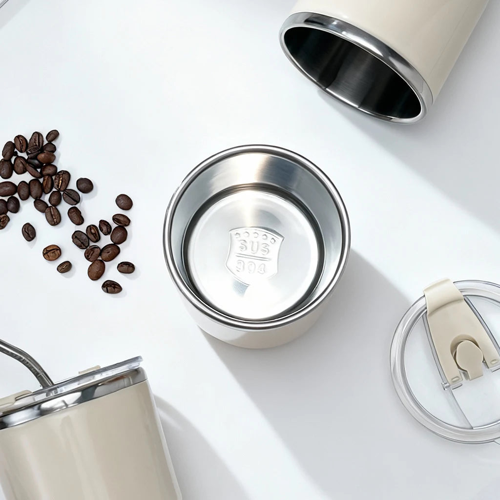 WORTHBUY 304 Stainless Steel Double Wall Insulated Coffee Mug With Straw Portable Cute Leak Proof Drinking Cup Tumbler For Kids
