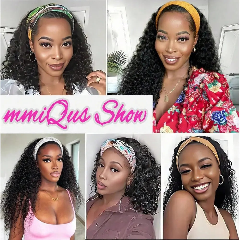 Water Wave 40 Inch Headband Wig Human Hair, Curly Glueless None Lace Front Wigs for Women, 250% Density Natural Looking Hair