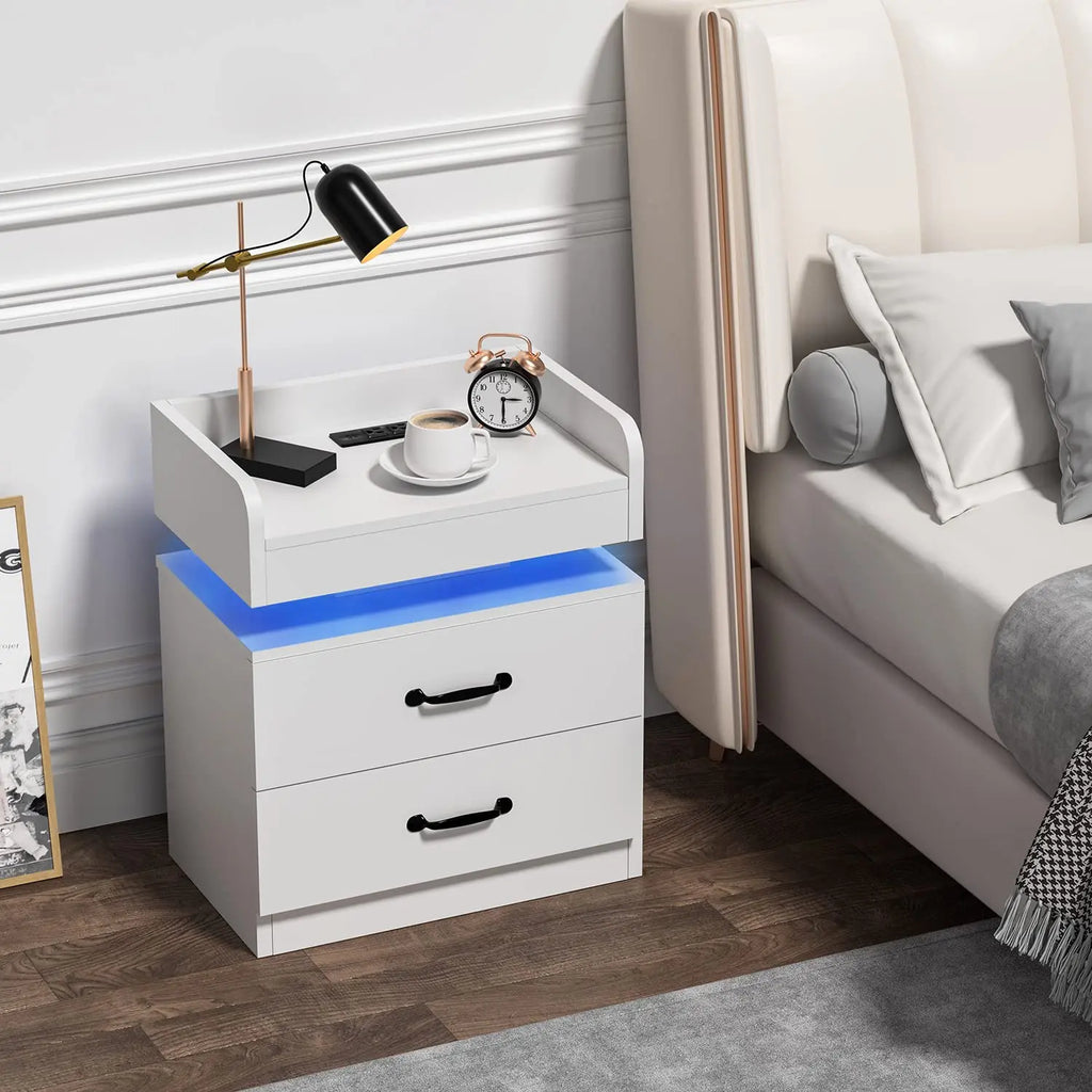White Nightstand Set 2 Charging Station LED Lights Modern Bedroom Living Room End Table 2 Drawers, Customized