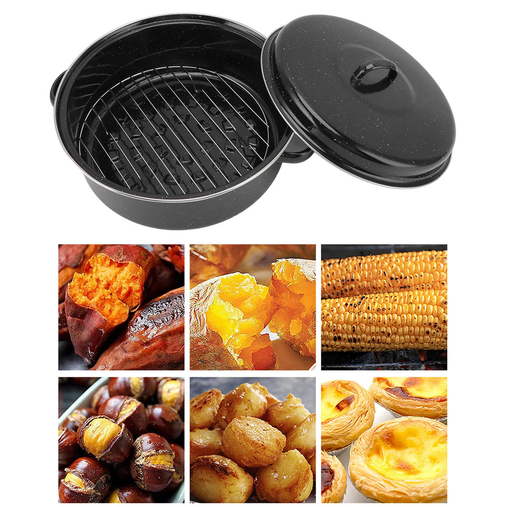 Oven Pans Roasting Pan Black Non Stick BBQ Pot Speckled Finish Household Roast Pan With Lid for Roasted Sweet Potatoes Chestnuts