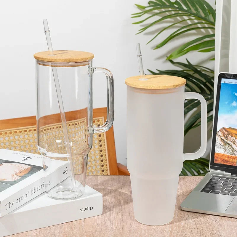 40OZ Glass Cup with Handle and Straw Lid Coffee Cup Reusable Transparent Bubble Tea Cup Juice Glass Beer Can Milk Mocha Cups