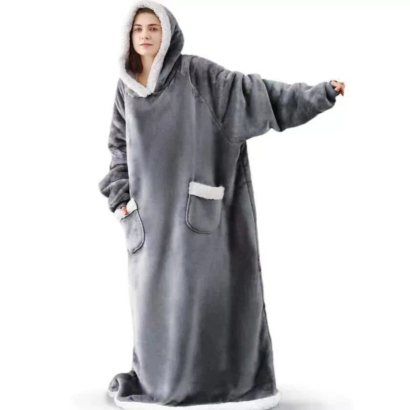 180cm Super Long Flannel Blanket Pyjamas with Sleeves Winter Hoodies Sweatshirt Women Men Pullover Fleece Giant Oversized Outdoo