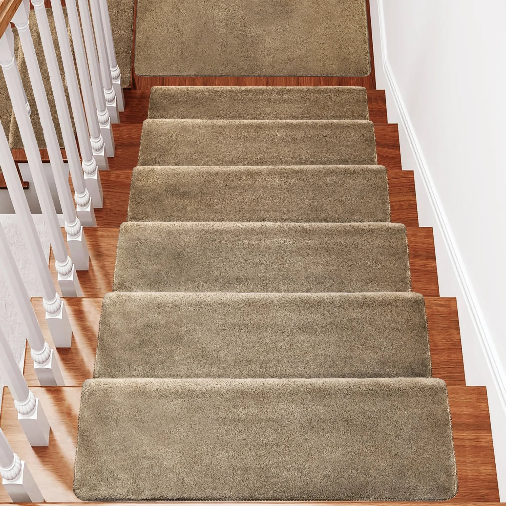 Bullnose Non-Slip Stair Treads -Ultra Plush- Washable Self-Adhesive Carpet Mats, Safety for Elderly & Pets, Peel & Stick Decor