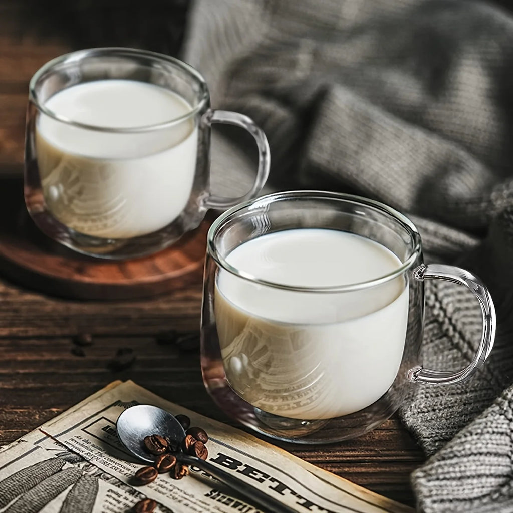 2 Pack Glass Coffee Mugs - Double Wall Insulated Mug Set with Handle, Tea Latte Cappuccino Cup for Latte, Macchiato, Americano