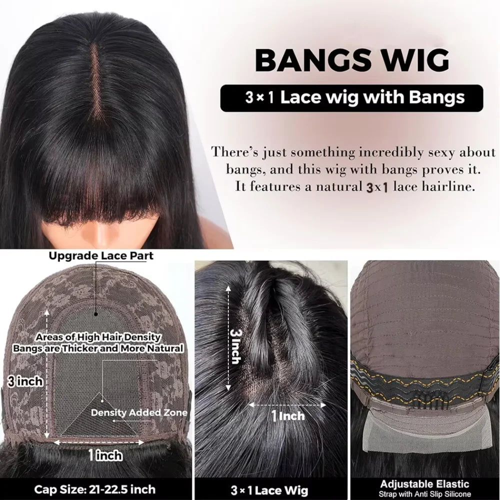 Straight Short Bob Human Hair Wigs With Bangs Full Machine Made 3x1 Lace Middle Part Fringe Bob Wig For Women