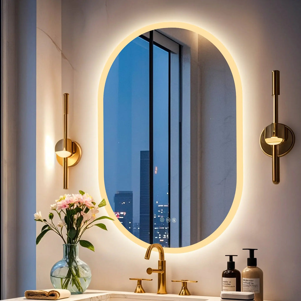 Oval LED Bathroom Mirror 800 900 1000 1200 mm Wall Makeup Mirror, Anti-fog, 3 Colors Dimmable, Backlight Illuminated