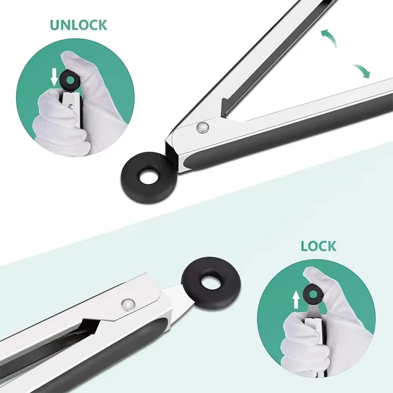 Silicone Tongs Kitchen Stainless Steel BBQ Non-Stick Kitchen Utensils Barbecue Cooking Tong With Joint Lock Kitchen Accessories