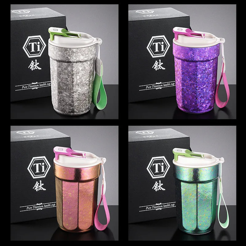 Pure titanium coffee mug with rope octagonal thermos mug, portable outdoor water cup, car leak-proof cola mug