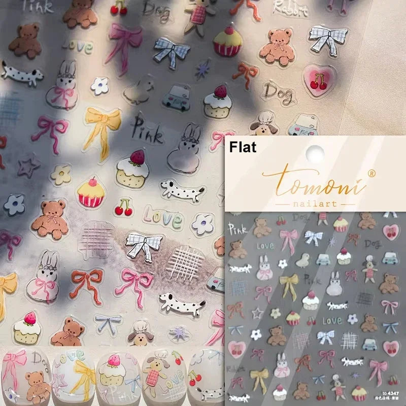 Lovely Animal Graffiti Cat Claw Rabbit Bunny Bear Dog Flower Fruit Dim Sum Candy Sunflower Adhesive 5D Nail Art Stickers Decal