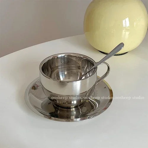 British Style 304 Stainless Steel Coffee Cup Dish Spoon Industrial Style European Three Piece Latte Cup Concentrated Milk