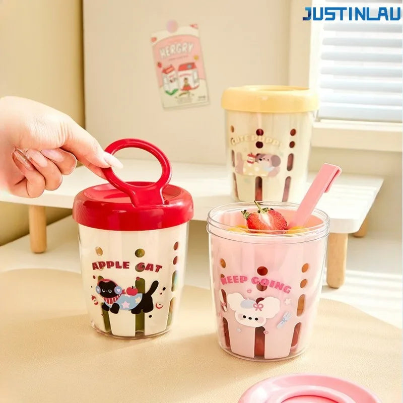 JUSTINLAU Macaron Fruit Cup Breakfast Salad Cup with Lid Double Layered Drip Cup Fruit Cup Forked Cup Suitable for Picnic Use