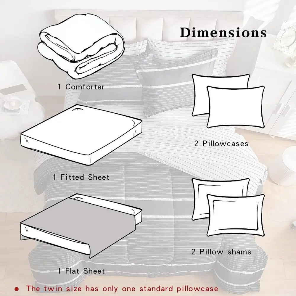 7-Piece Bohemian Striped Queen Bedding Set: White on Dark Gray Comforter with Sheets and Pillowcases