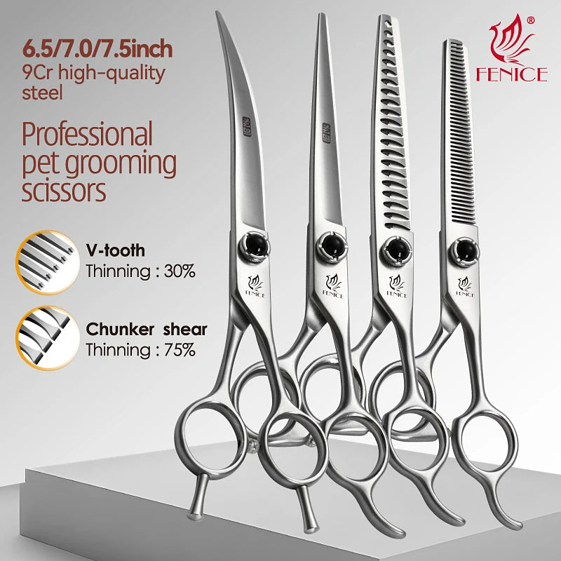 Fenice YCHLS 6.5/7.0/7.5 Inch Pet Grooming Scissors Set 9CR Steel Cutting Curved Thinning Chunker Shears for Family Use/Practice