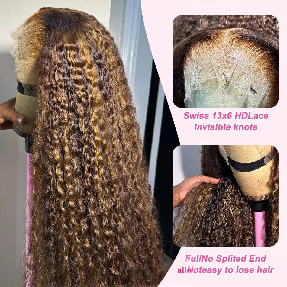250% Density 34Inch 13x4 Honey Blonde Deep Wave Lace Front Wigs Human Hair 5x5 Put On And Go Gluless Deep Wave Lace Closure Wigs
