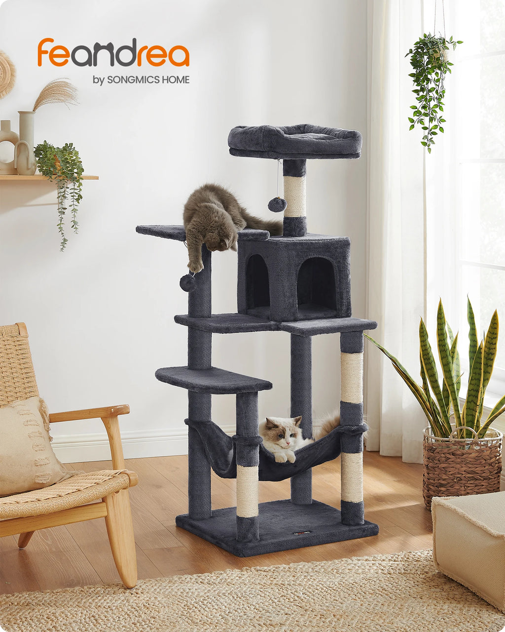Feandrea Cat Tree, 143 cm Cat Tower for Indoor Cats,  Cat Condo with 4 Scratching Posts, 2 Perches,  Pompoms