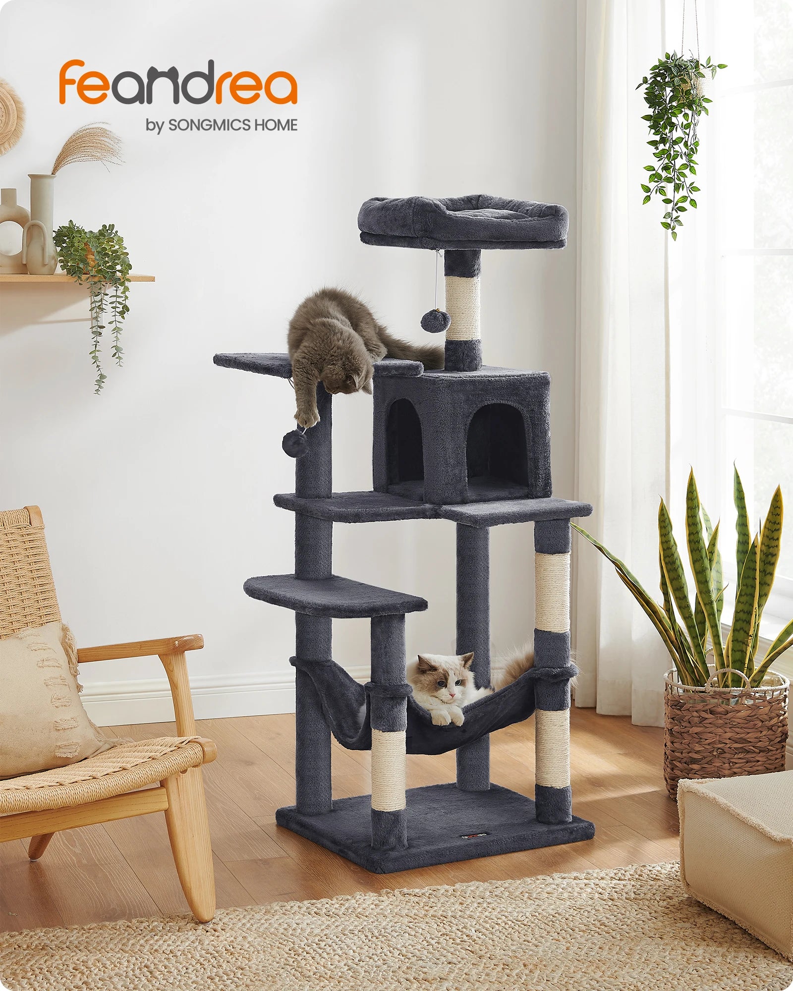 Feandrea Cat Tree, 143 cm Cat Tower for Indoor Cats,  Cat Condo with 4 Scratching Posts, 2 Perches,  Pompoms